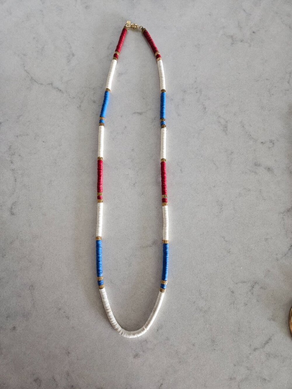 RARE & VINTAGE KENNETH LANE 31" LONG RED, CREAM, BLUE PUKA/HEISHA SHELL NECKLACE